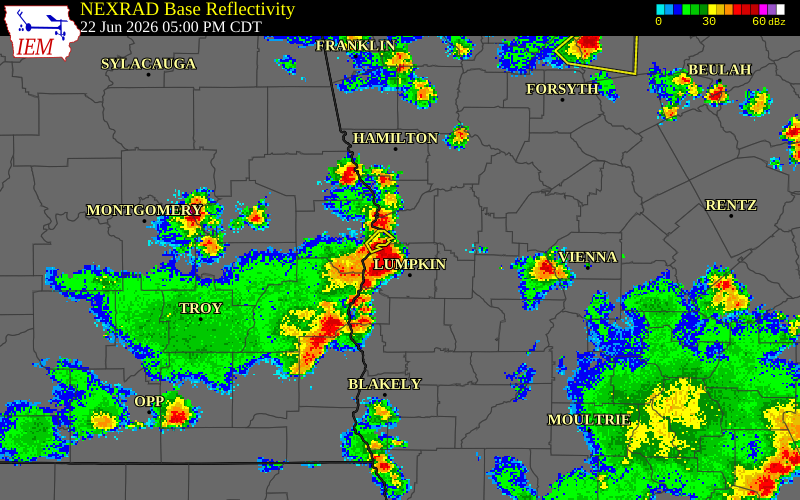 NEXRAD radar during the Monday, June 22, 2026 storm activity in Chattahoochee County, Georgia