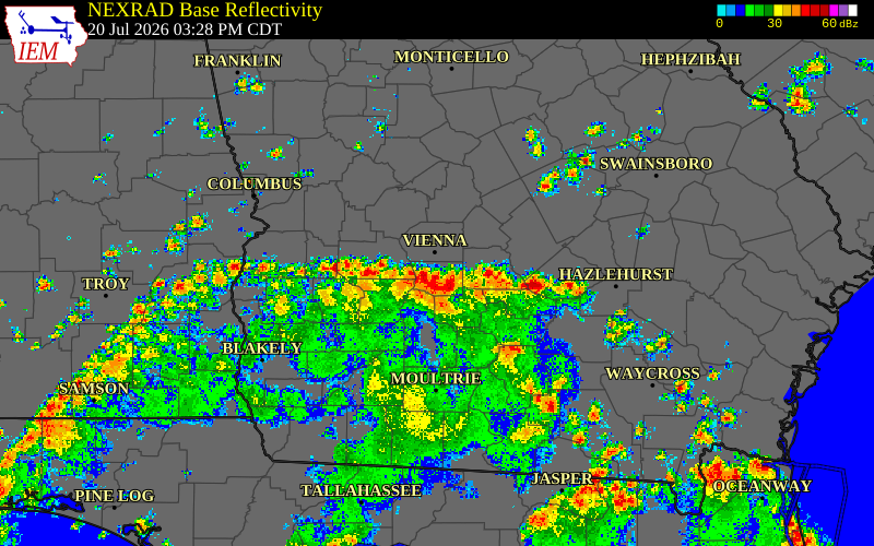 Radar snapshot during the Jul 20, 2026 wind event near Chattahoochee County, Chattahoochee County, Georgia, with NWS warning polygons