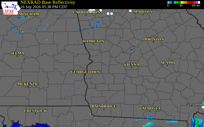 Current NEXRAD radar over Chattahoochee County, Georgia with recent storm report locations