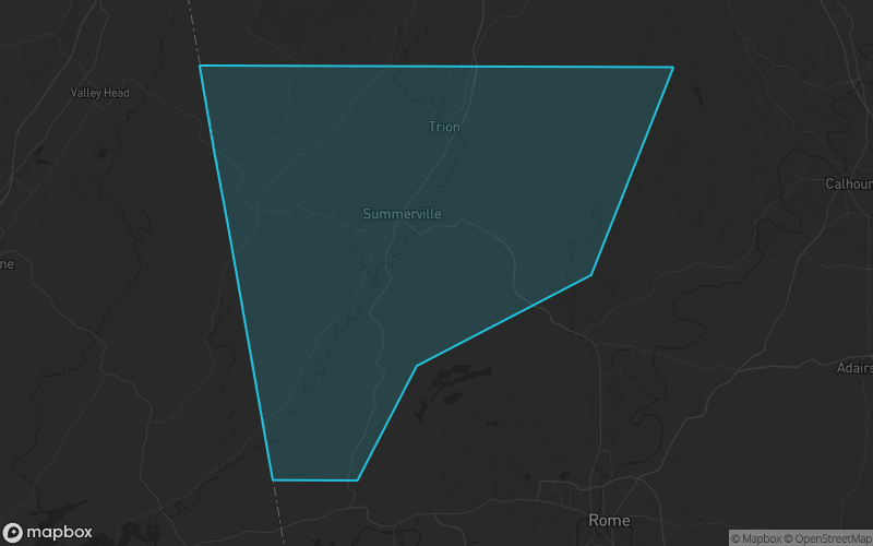 Map of Chattooga County, Georgia showing the county boundary and surrounding cities