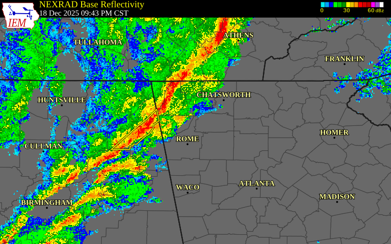 NEXRAD radar during the Thursday, December 18, 2025 storm activity in Chattooga County, Georgia