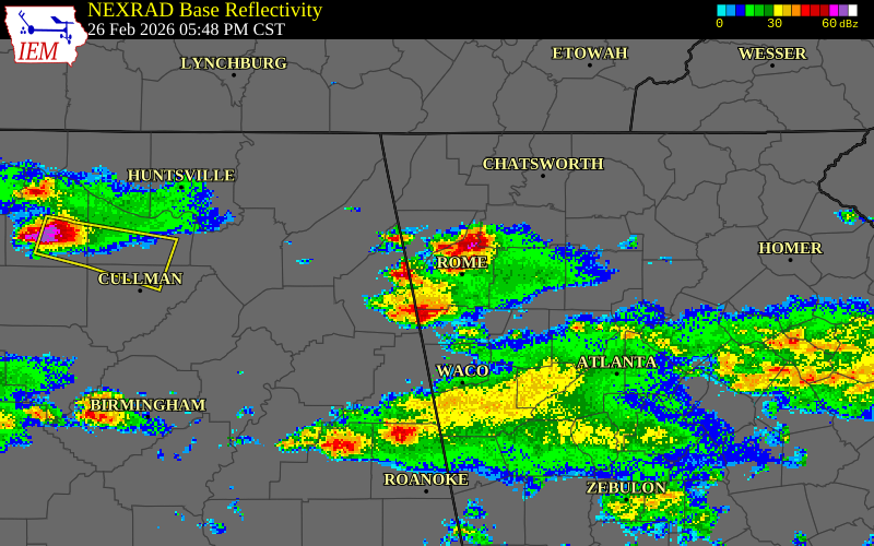 NEXRAD radar during the Thursday, February 26, 2026 storm activity in Chattooga County, Georgia