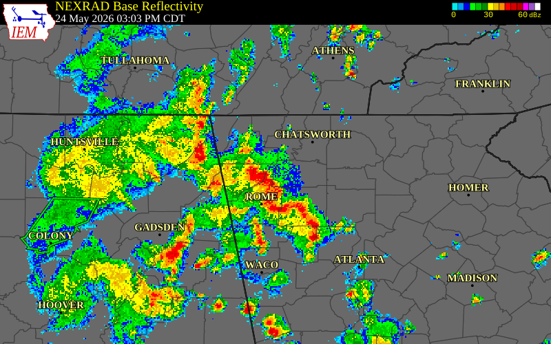 NEXRAD radar during the Sunday, May 24, 2026 storm activity in Chattooga County, Georgia