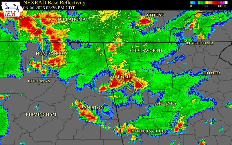 NEXRAD radar during the Friday, July 3, 2026 storm activity in Chattooga County, Georgia