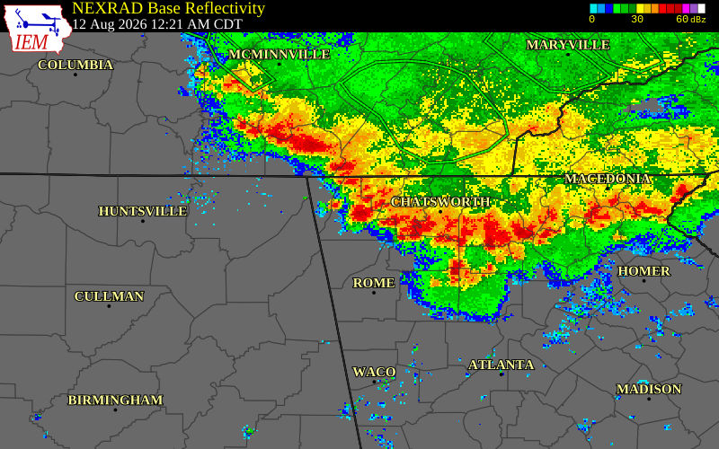 NEXRAD radar during the Wednesday, August 12, 2026 storm activity in Chattooga County, Georgia