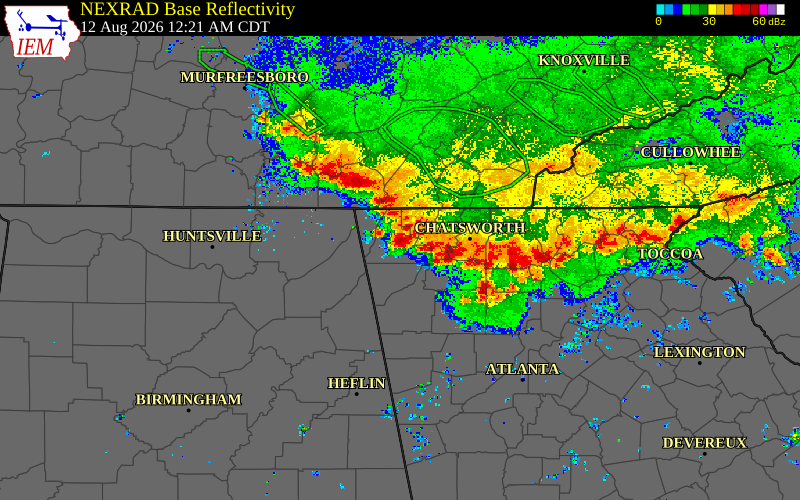 Radar snapshot during the Aug 12, 2026 wind event near Chattooga County, Chattooga County, Georgia, with NWS warning polygons