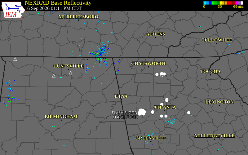 Current NEXRAD radar over Chattooga County, Georgia with recent storm report locations