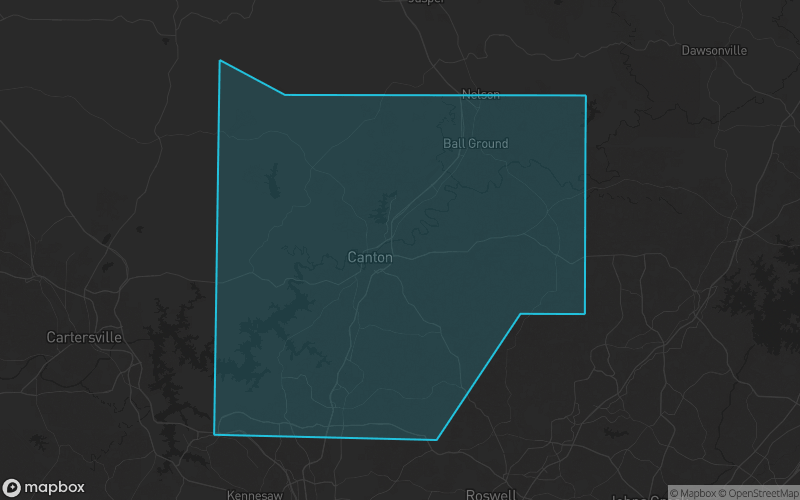 Map of Cherokee County, Georgia showing the county boundary and surrounding cities