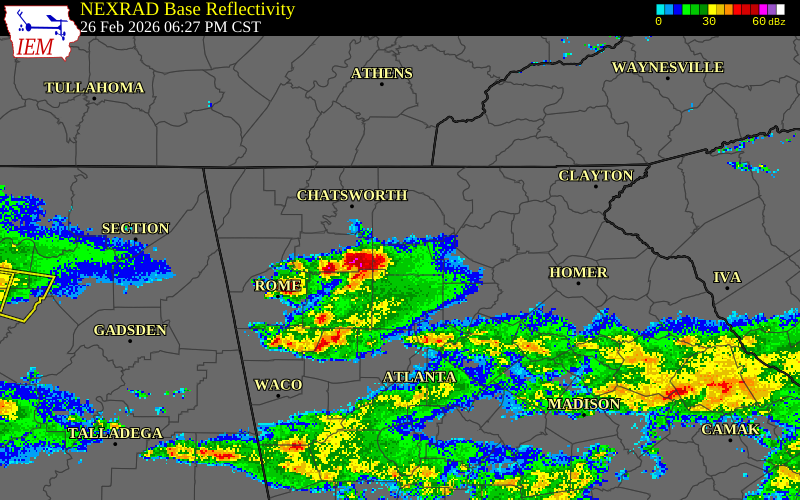 NEXRAD radar during the Thursday, February 26, 2026 storm activity in Cherokee County, Georgia