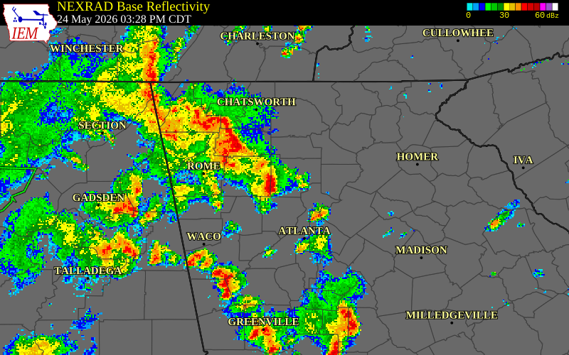 NEXRAD radar during the Sunday, May 24, 2026 storm activity in Cherokee County, Georgia