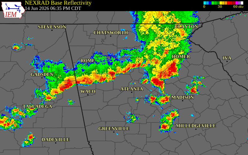 NEXRAD radar during the Sunday, June 14, 2026 storm activity in Cherokee County, Georgia