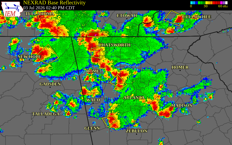 NEXRAD radar during the Friday, July 3, 2026 storm activity in Cherokee County, Georgia