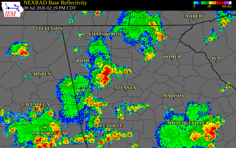 NEXRAD radar during the Thursday, July 9, 2026 storm activity in Cherokee County, Georgia