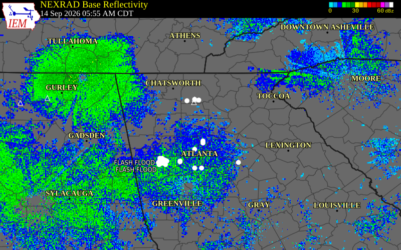 Current NEXRAD radar over Cherokee County, Georgia with recent storm report locations