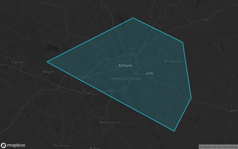 Map of Clarke County, Georgia showing the county boundary and surrounding cities