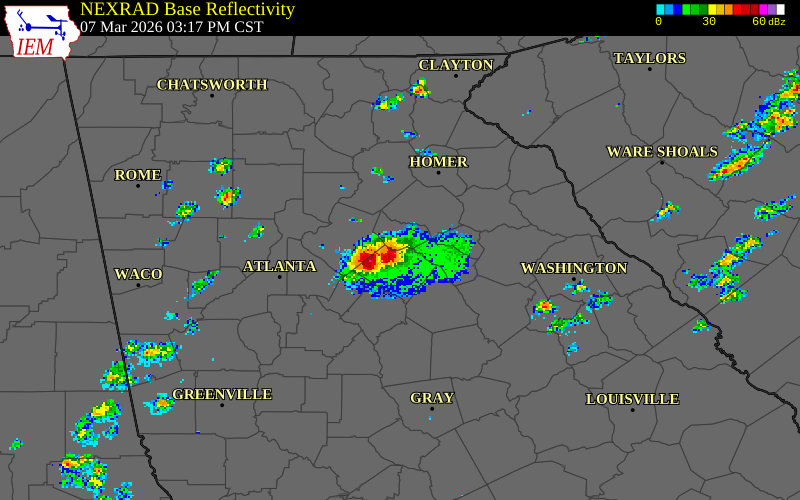 NEXRAD radar during the Saturday, March 7, 2026 storm activity in Clarke County, Georgia