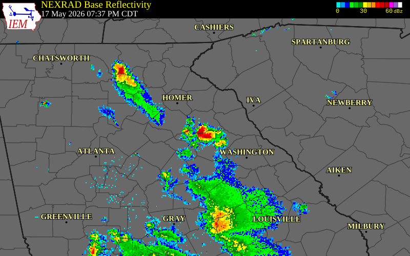 NEXRAD radar during the Sunday, May 17, 2026 storm activity in Clarke County, Georgia