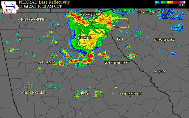 NEXRAD radar during the Saturday, July 11, 2026 storm activity in Clarke County, Georgia
