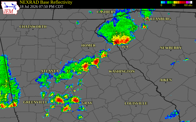 NEXRAD radar during the Saturday, July 18, 2026 storm activity in Clarke County, Georgia