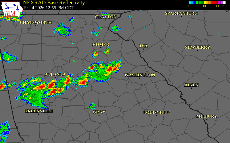 NEXRAD radar during the Sunday, July 19, 2026 storm activity in Clarke County, Georgia