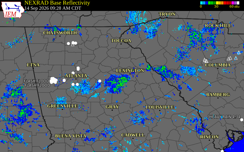 Current NEXRAD radar over Clarke County, Georgia with recent storm report locations