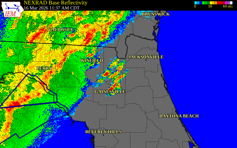 NEXRAD radar during the Monday, March 16, 2026 storm activity in Clay County, Georgia