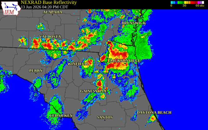 NEXRAD radar during the Saturday, June 13, 2026 storm activity in Clay County, Georgia