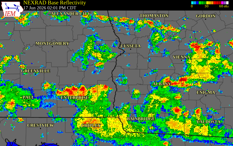 NEXRAD radar during the Wednesday, June 17, 2026 storm activity in Clay County, Georgia