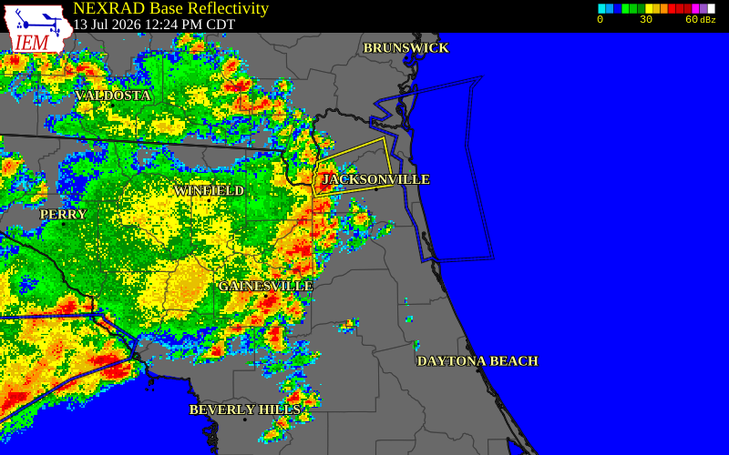 NEXRAD radar during the Monday, July 13, 2026 storm activity in Clay County, Georgia