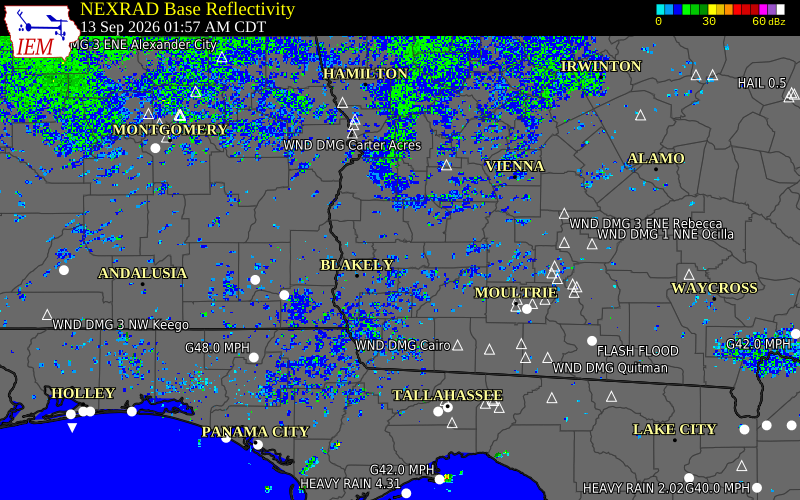 Current NEXRAD radar over Clay County, Georgia with recent storm report locations