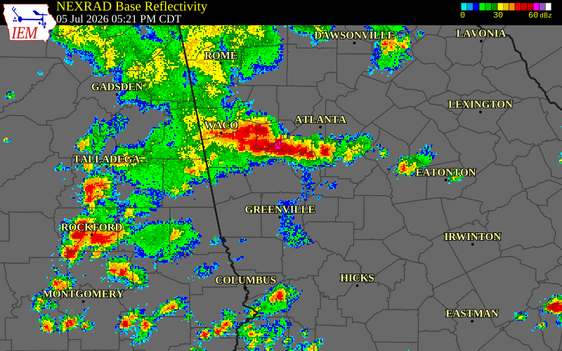 NEXRAD radar during the Sunday, July 5, 2026 storm activity in Clayton County, Georgia