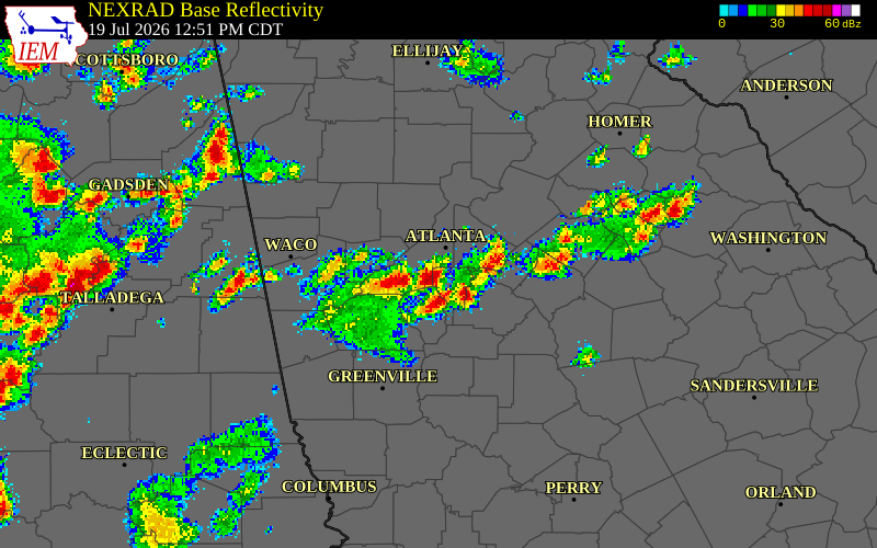 NEXRAD radar during the Sunday, July 19, 2026 storm activity in Clayton County, Georgia