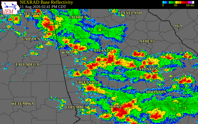 NEXRAD radar during the Tuesday, August 11, 2026 storm activity in Clayton County, Georgia