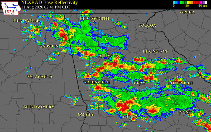 Radar snapshot during the Aug 11, 2026 hail event near Clayton County, Clayton County, Georgia, with NWS warning polygons