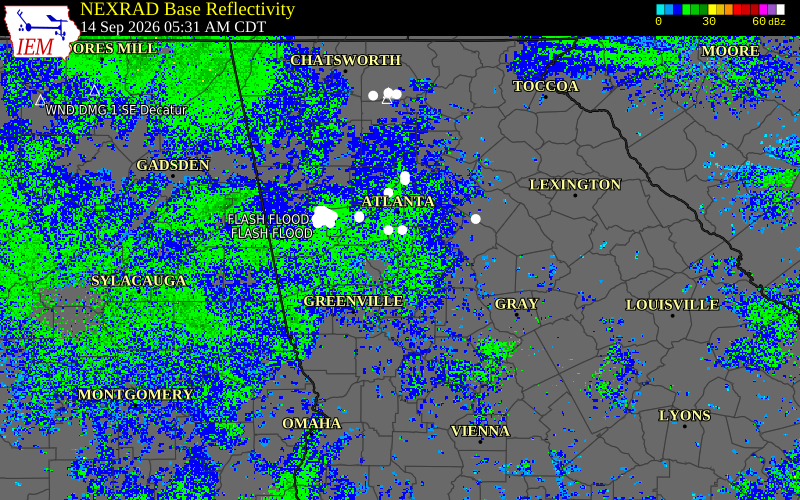 Current NEXRAD radar over Clayton County, Georgia with recent storm report locations
