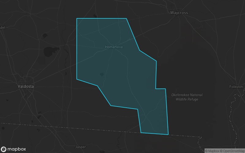 Map of Clinch County, Georgia showing the county boundary and surrounding cities
