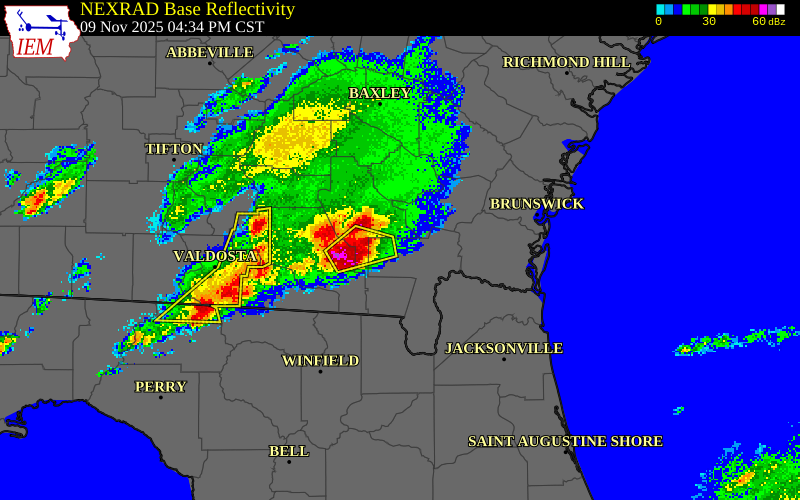 NEXRAD radar during the Sunday, November 9, 2025 storm activity in Clinch County, Georgia