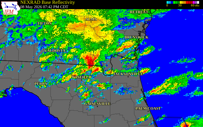 NEXRAD radar during the Friday, May 8, 2026 storm activity in Clinch County, Georgia