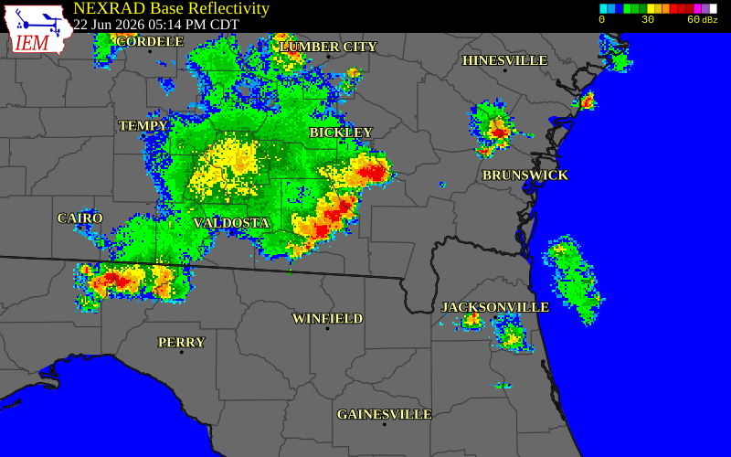 NEXRAD radar during the Monday, June 22, 2026 storm activity in Clinch County, Georgia