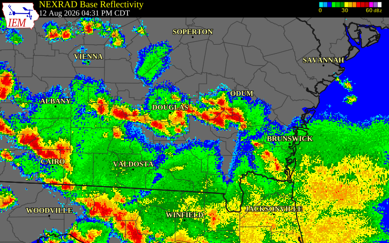 NEXRAD radar during the Wednesday, August 12, 2026 storm activity in Clinch County, Georgia