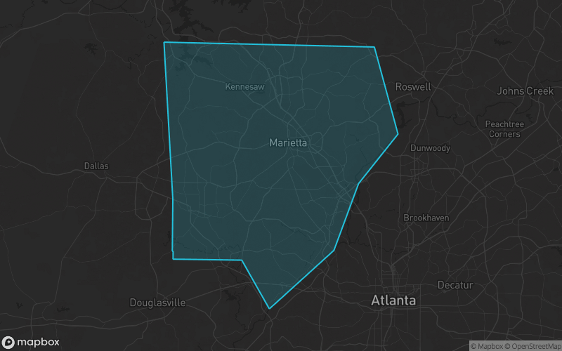 Map of Cobb County, Georgia showing the county boundary and surrounding cities