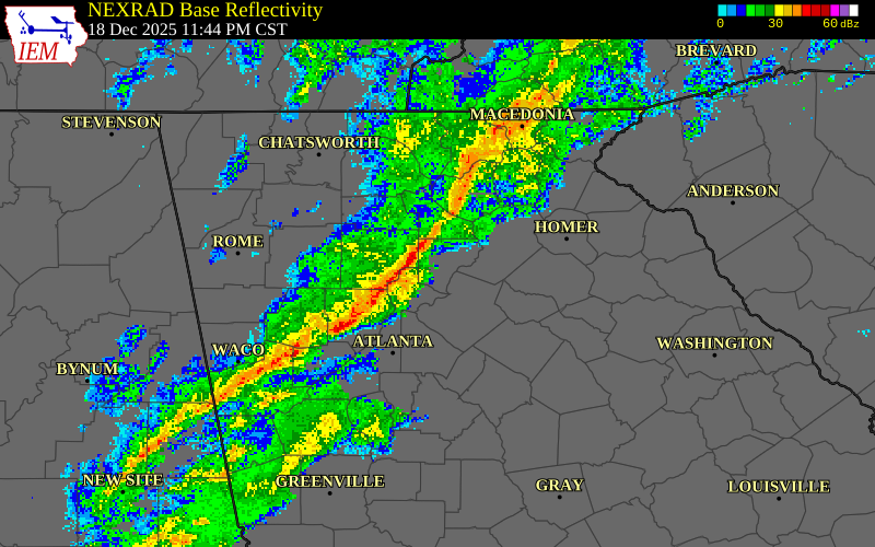 NEXRAD radar during the Friday, December 19, 2025 storm activity in Cobb County, Georgia
