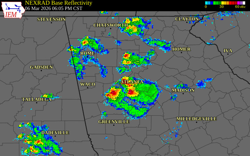 NEXRAD radar during the Friday, March 6, 2026 storm activity in Cobb County, Georgia
