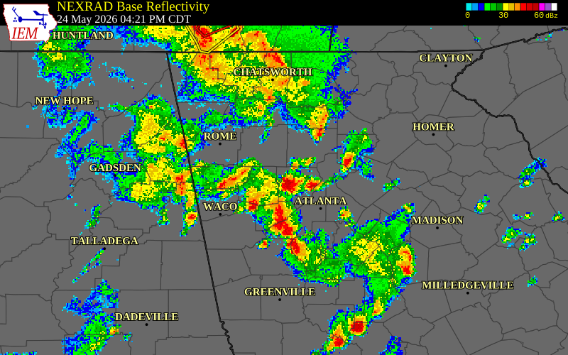 NEXRAD radar during the Sunday, May 24, 2026 storm activity in Cobb County, Georgia