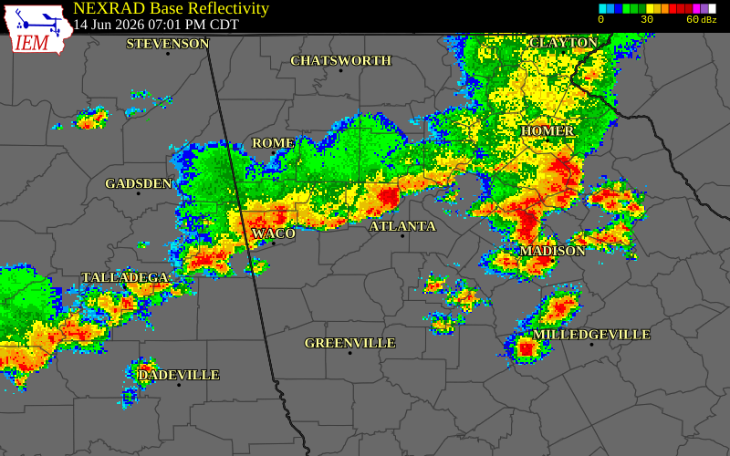 NEXRAD radar during the Sunday, June 14, 2026 storm activity in Cobb County, Georgia
