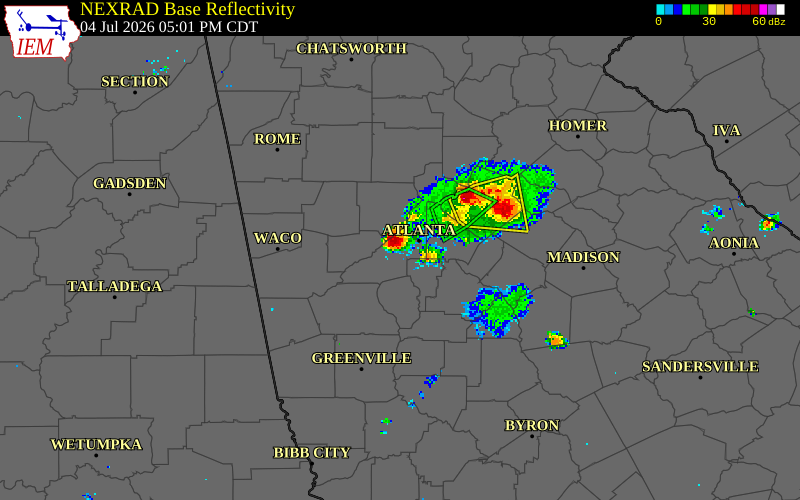 NEXRAD radar during the Saturday, July 4, 2026 storm activity in Cobb County, Georgia