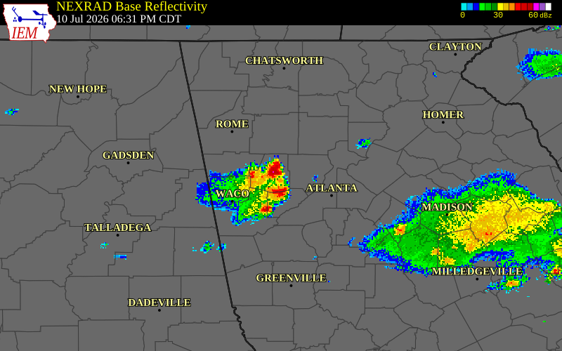 NEXRAD radar during the Friday, July 10, 2026 storm activity in Cobb County, Georgia