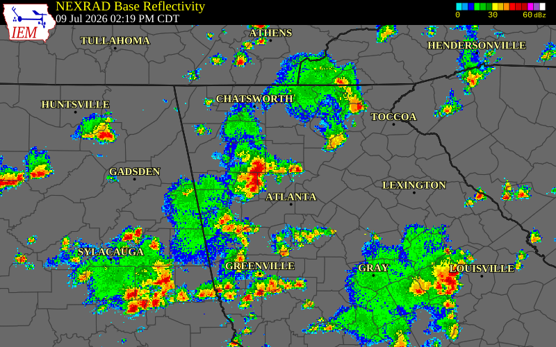 Radar snapshot during the Jul 9, 2026 wind event near Cobb County, Cobb County, Georgia, with NWS warning polygons