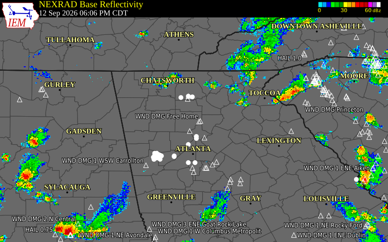 Current NEXRAD radar over Cobb County, Georgia with recent storm report locations
