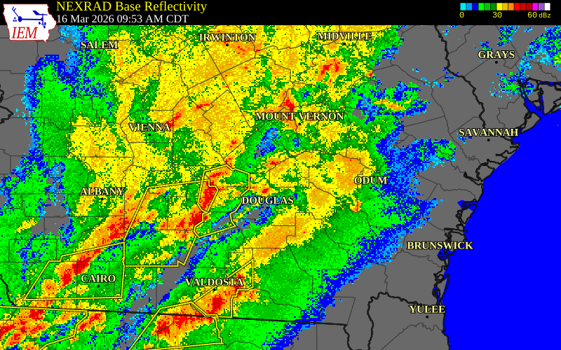 NEXRAD radar during the Monday, March 16, 2026 storm activity in Coffee County, Georgia
